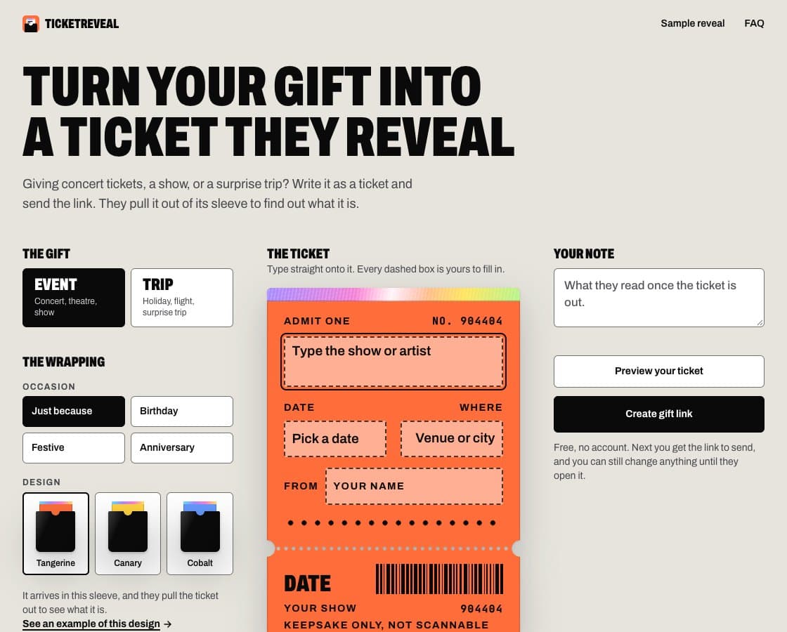 The TicketReveal home page, with an orange ticket being filled in.